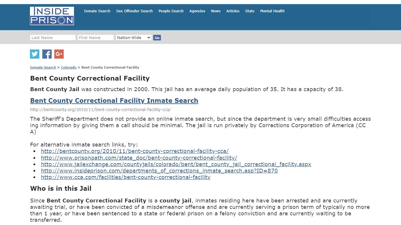 Bent County Correctional Facility - Colorado - Inmate Search